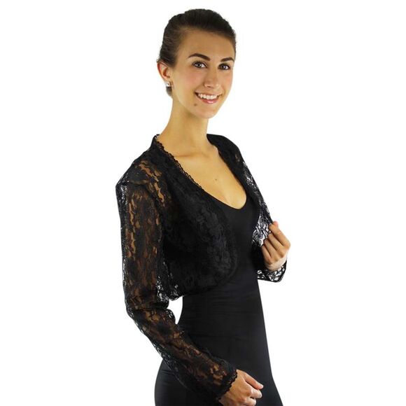 Long Sleeve Dressy Lace Cropped Bolero Shrug Jacket - Picture 2 of 5